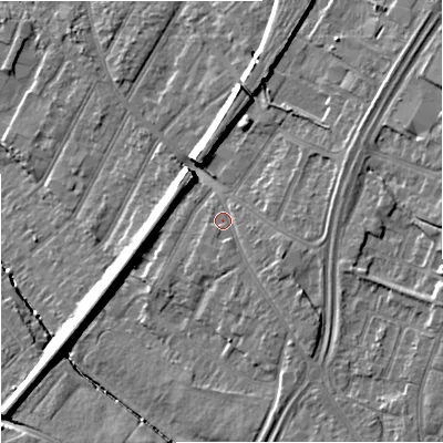 Shaded relief map of the ground around GL46PW, computed from Environment Agency LiDAR. The ground here sits at about 23 m above sea level and falls 11 m across the surrounding 800 m. Surface water reaching this point runs off ground lying to the east-south-east, 2.7 m higher.