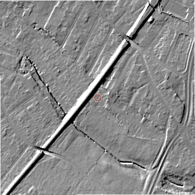 Shaded relief map of the ground around GL46QA, computed from Environment Agency LiDAR. The ground here sits at about 21 m above sea level and falls 12 m across the surrounding 800 m. Surface water reaching this point runs off ground lying to the south, 9.7 m higher.
