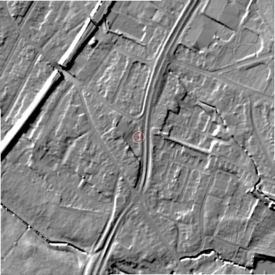 Shaded relief map of the ground around GL46QB, computed from Environment Agency LiDAR. The ground here sits at about 25 m above sea level and falls 14 m across the surrounding 800 m. Surface water reaching this point runs off ground lying to the south-west, 1.6 m higher.
