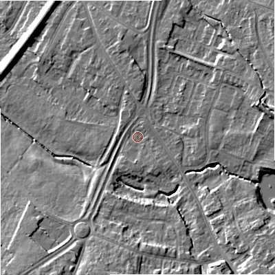 Shaded relief map of the ground around GL46QS, computed from Environment Agency LiDAR. The ground here sits at about 24 m above sea level and falls 15 m across the surrounding 800 m. Surface water reaching this point runs off ground lying to the east-north-east, 7.3 m higher.