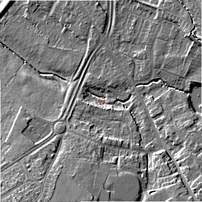 Shaded relief map of the ground around GL46QU, computed from Environment Agency LiDAR. The ground here sits at about 24 m above sea level and falls 20 m across the surrounding 800 m. Surface water reaching this point runs off ground lying to the south, 15.5 m higher.
