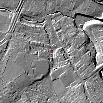 Shaded relief map of the ground around GL46RH, computed from Environment Agency LiDAR. The ground here sits at about 28 m above sea level and falls 26 m across the surrounding 800 m. Surface water reaching this point runs off ground lying to the south-west, 17.1 m higher.
