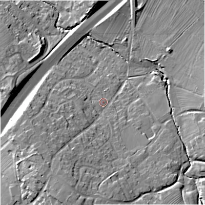 Shaded relief map of the ground around GL48BA, computed from Environment Agency LiDAR. The ground here sits at about 53 m above sea level and falls 23 m across the surrounding 800 m. Surface water reaching this point runs off ground lying to the south-south-west, 13.4 m higher.