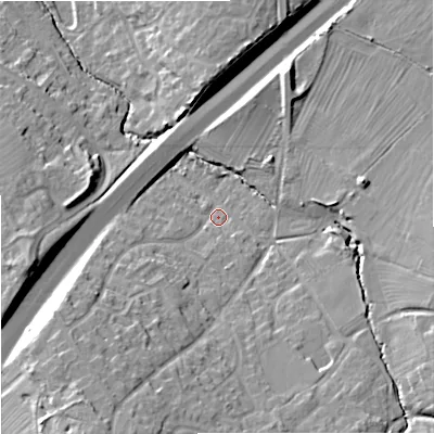 Shaded relief map of the ground around GL48BG, computed from Environment Agency LiDAR. The ground here sits at about 50 m above sea level and falls 22 m across the surrounding 800 m. Surface water reaching this point runs off ground lying to the south-south-west, 16.6 m higher.