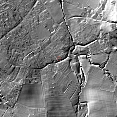 Shaded relief map of the ground around GL48DZ, computed from Environment Agency LiDAR. The ground here sits at about 59 m above sea level and falls 29 m across the surrounding 800 m. Surface water reaching this point runs off ground lying to the south-south-west, 12.6 m higher.