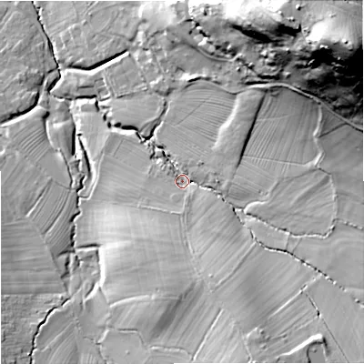 Shaded relief map of the ground around GL48EB, computed from Environment Agency LiDAR. The ground here sits at about 64 m above sea level and falls 65 m across the surrounding 800 m. Surface water reaching this point runs off ground lying to the north-east, 55.9 m higher.