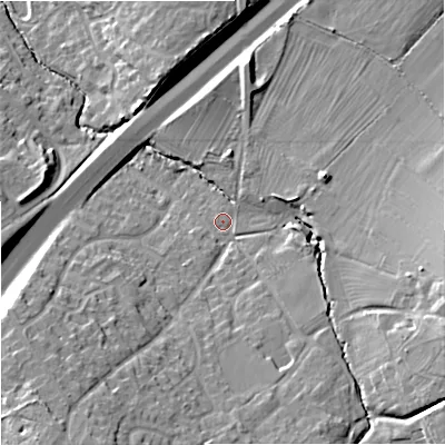 Shaded relief map of the ground around GL48EG, computed from Environment Agency LiDAR. The ground here sits at about 51 m above sea level and falls 22 m across the surrounding 800 m. Surface water reaching this point runs off ground lying to the east-south-east, 13.6 m higher.