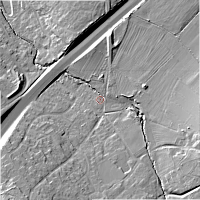 Shaded relief map of the ground around GL48EQ, computed from Environment Agency LiDAR. The ground here sits at about 51 m above sea level and falls 22 m across the surrounding 800 m. Surface water reaching this point runs off ground lying to the east-south-east, 13.7 m higher.