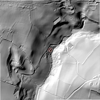 Shaded relief map of the ground around GL48HU, computed from Environment Agency LiDAR. The ground here sits at about 144 m above sea level and falls 80 m across the surrounding 800 m. Surface water reaching this point runs off ground lying to the north-north-west, 73.7 m higher.