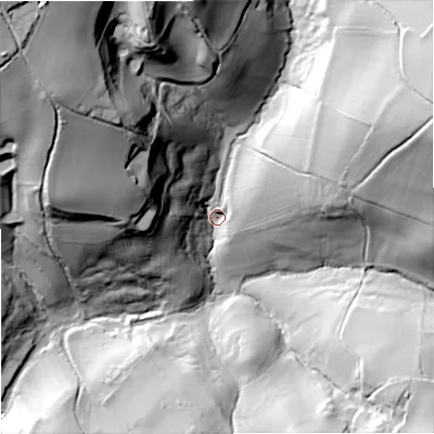 Shaded relief map of the ground around GL48HX, computed from Environment Agency LiDAR. The ground here sits at about 130 m above sea level and falls 71 m across the surrounding 800 m. Surface water reaching this point runs off ground lying to the north-west, 63.7 m higher.