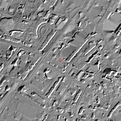 Shaded relief map of the ground around GL501HN, computed from Environment Agency LiDAR. The ground here sits at about 58 m above sea level and falls 15 m across the surrounding 800 m. Surface water reaching this point runs off ground lying to the east, 1.5 m higher.