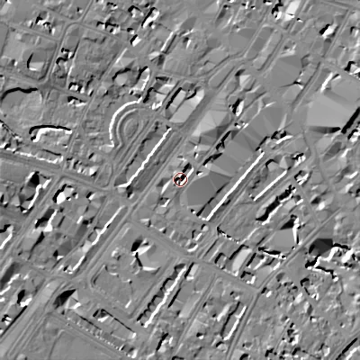 Shaded relief map of the ground around GL501HR, computed from Environment Agency LiDAR. The ground here sits at about 57 m above sea level and falls 14 m across the surrounding 800 m. Surface water reaching this point runs off ground lying to the north-north-east, 2.6 m higher.