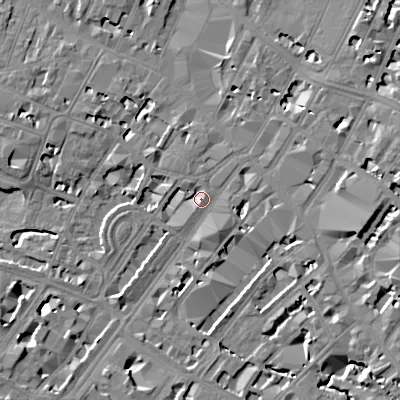 Shaded relief map of the ground around GL501LE, computed from Environment Agency LiDAR. The ground here sits at about 58 m above sea level and falls 12 m across the surrounding 800 m. Surface water reaching this point runs off ground lying to the east, 7.0 m higher.