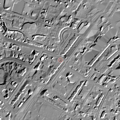 Shaded relief map of the ground around GL501PH, computed from Environment Agency LiDAR. The ground here sits at about 56 m above sea level and falls 19 m across the surrounding 800 m. Surface water reaching this point runs off ground lying to the south-west, 14.6 m higher.