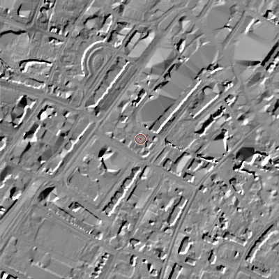 Shaded relief map of the ground around GL501PR, computed from Environment Agency LiDAR. The ground here sits at about 58 m above sea level and falls 16 m across the surrounding 800 m. Surface water reaching this point runs off ground lying to the east-north-east, 8.7 m higher.