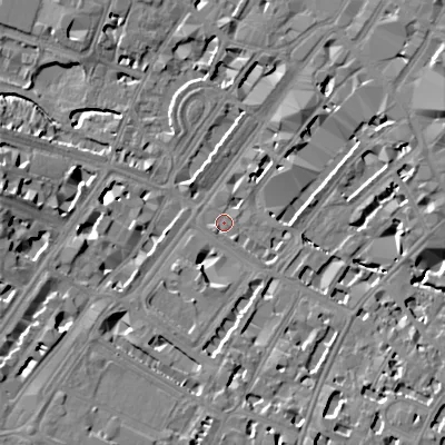 Shaded relief map of the ground around GL501PT, computed from Environment Agency LiDAR. The ground here sits at about 57 m above sea level and falls 15 m across the surrounding 800 m. Surface water reaching this point runs off ground lying to the south-south-east, 8.1 m higher.
