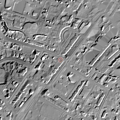 Shaded relief map of the ground around GL501RS, computed from Environment Agency LiDAR. The ground here sits at about 56 m above sea level and falls 19 m across the surrounding 800 m. Surface water reaching this point runs off ground lying to the south-west, 14.6 m higher.