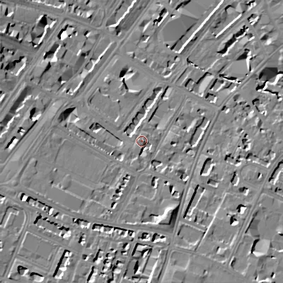 Shaded relief map of the ground around GL501UH, computed from Environment Agency LiDAR. The ground here sits at about 62 m above sea level and falls 17 m across the surrounding 800 m. Surface water reaching this point runs off ground lying to the south-south-west, 6.8 m higher.