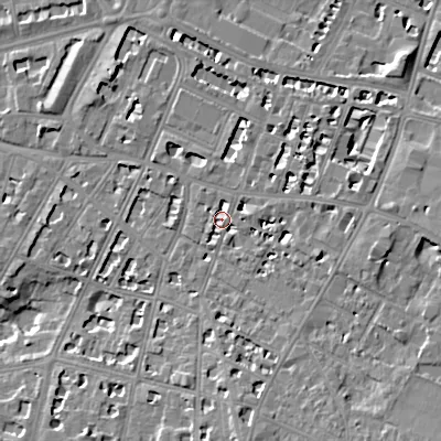 Shaded relief map of the ground around GL502AW, computed from Environment Agency LiDAR. The ground here sits at about 68 m above sea level and falls 12 m across the surrounding 800 m. Surface water reaching this point runs off ground lying to the east-north-east, 3.3 m higher.