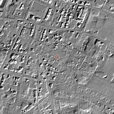 Shaded relief map of the ground around GL502BA, computed from Environment Agency LiDAR. The ground here sits at about 69 m above sea level and falls 13 m across the surrounding 800 m. Surface water reaching this point runs off ground lying to the south-south-east, 7.8 m higher.