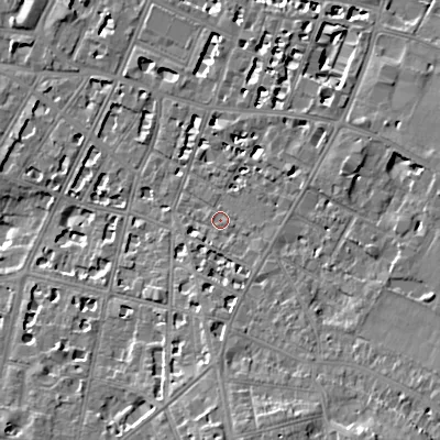 Shaded relief map of the ground around GL502BD, computed from Environment Agency LiDAR. The ground here sits at about 68 m above sea level and falls 14 m across the surrounding 800 m. Surface water reaching this point runs off ground lying to the south-east, 7.9 m higher.