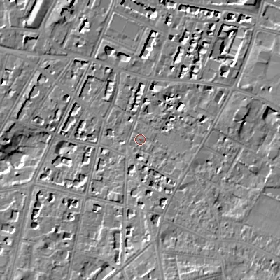 Shaded relief map of the ground around GL502BE, computed from Environment Agency LiDAR. The ground here sits at about 68 m above sea level and falls 13 m across the surrounding 800 m. Surface water reaching this point runs off ground lying to the south-south-east, 8.3 m higher.