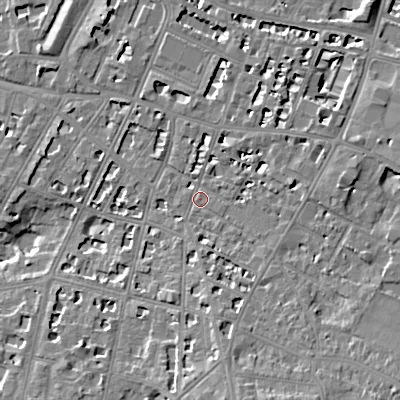 Shaded relief map of the ground around GL502BG, computed from Environment Agency LiDAR. The ground here sits at about 68 m above sea level and falls 12 m across the surrounding 800 m. Surface water reaching this point runs off ground lying to the south-south-east, 7.7 m higher.