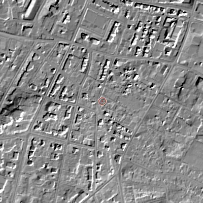 Shaded relief map of the ground around GL502BH, computed from Environment Agency LiDAR. The ground here sits at about 68 m above sea level and falls 13 m across the surrounding 800 m. Surface water reaching this point runs off ground lying to the south-south-east, 8.7 m higher.