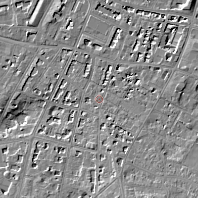 Shaded relief map of the ground around GL502BQ, computed from Environment Agency LiDAR. The ground here sits at about 68 m above sea level and falls 13 m across the surrounding 800 m. Surface water reaching this point runs off ground lying to the south-south-east, 9.2 m higher.