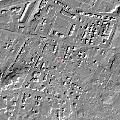 Shaded relief map of the ground around GL502EG, computed from Environment Agency LiDAR. The ground here sits at about 67 m above sea level and falls 11 m across the surrounding 800 m. Surface water reaching this point runs off ground lying to the south-south-east, 7.3 m higher.