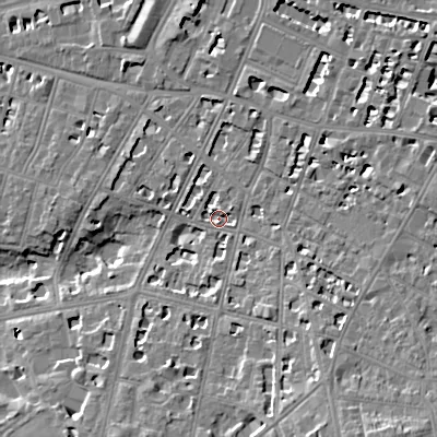 Shaded relief map of the ground around GL502EN, computed from Environment Agency LiDAR. The ground here sits at about 66 m above sea level and falls 15 m across the surrounding 800 m. Surface water reaching this point runs off ground lying to the south-south-east, 6.5 m higher.