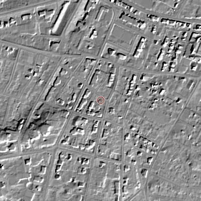 Shaded relief map of the ground around GL502EQ, computed from Environment Agency LiDAR. The ground here sits at about 67 m above sea level and falls 13 m across the surrounding 800 m. Surface water reaching this point runs off ground lying to the south-south-east, 7.8 m higher.