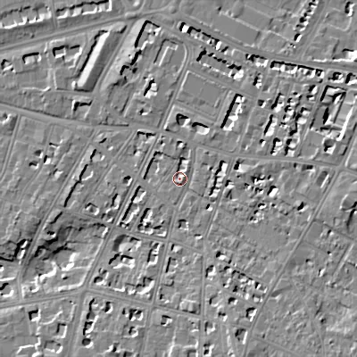 Shaded relief map of the ground around GL502EZ, computed from Environment Agency LiDAR. The ground here sits at about 67 m above sea level and falls 11 m across the surrounding 800 m. Surface water reaching this point runs off ground lying to the east, 4.1 m higher.