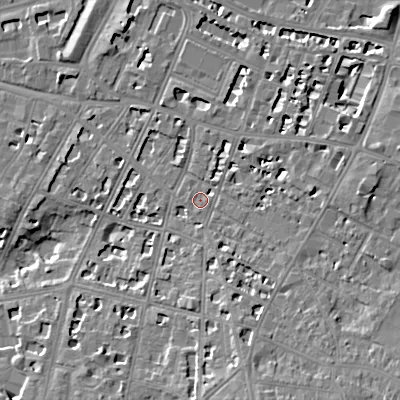 Shaded relief map of the ground around GL502FA, computed from Environment Agency LiDAR. The ground here sits at about 68 m above sea level and falls 12 m across the surrounding 800 m. Surface water reaching this point runs off ground lying to the south-south-east, 8.1 m higher.