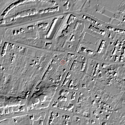 Shaded relief map of the ground around GL502FB, computed from Environment Agency LiDAR. The ground here sits at about 66 m above sea level and falls 11 m across the surrounding 800 m. Surface water reaching this point runs off ground lying to the north-east, 2.3 m higher.
