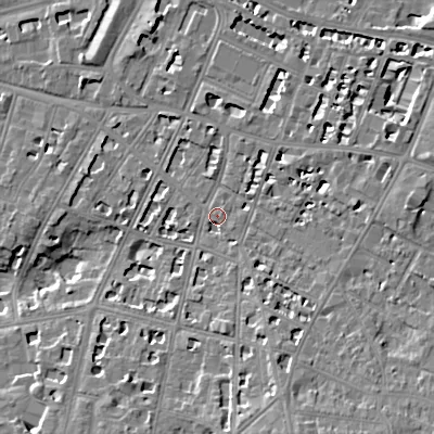 Shaded relief map of the ground around GL502HA, computed from Environment Agency LiDAR. The ground here sits at about 68 m above sea level and falls 12 m across the surrounding 800 m. Surface water reaching this point runs off ground lying to the south-east, 1.7 m higher.