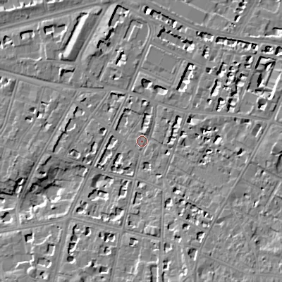 Shaded relief map of the ground around GL502HG, computed from Environment Agency LiDAR. The ground here sits at about 67 m above sea level and falls 11 m across the surrounding 800 m. Surface water reaching this point runs off ground lying to the south-south-east, 6.9 m higher.
