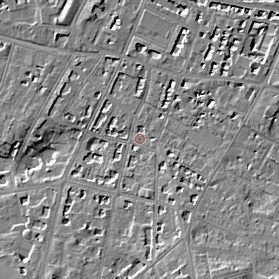 Shaded relief map of the ground around GL502HH, computed from Environment Agency LiDAR. The ground here sits at about 67 m above sea level and falls 13 m across the surrounding 800 m. Surface water reaching this point runs off ground lying to the south-south-east, 5.1 m higher.