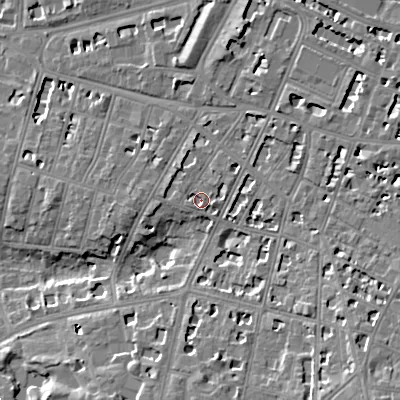 Shaded relief map of the ground around GL502QZ, computed from Environment Agency LiDAR. The ground here sits at about 65 m above sea level and falls 14 m across the surrounding 800 m. Surface water reaching this point runs off ground lying to the east-south-east, 2.0 m higher.