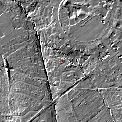 Shaded relief map of the ground around GL502SU, computed from Environment Agency LiDAR. The ground here sits at about 66 m above sea level and falls 19 m across the surrounding 800 m. Surface water reaching this point runs off ground lying to the east-south-east, 10.8 m higher.