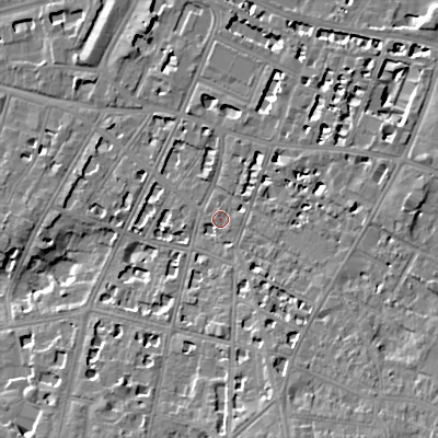 Shaded relief map of the ground around GL502TB, computed from Environment Agency LiDAR. The ground here sits at about 68 m above sea level and falls 12 m across the surrounding 800 m. Surface water reaching this point runs off ground lying to the south-south-east, 1.7 m higher.