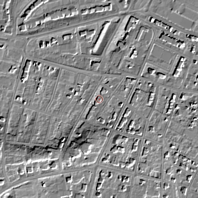 Shaded relief map of the ground around GL502TG, computed from Environment Agency LiDAR. The ground here sits at about 65 m above sea level and falls 12 m across the surrounding 800 m. Surface water reaching this point runs off ground lying to the north-north-east, 1.6 m higher.