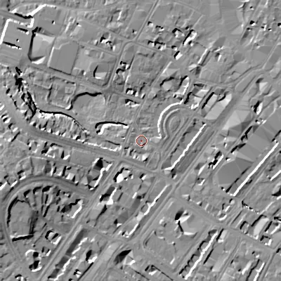 Shaded relief map of the ground around GL503DN, computed from Environment Agency LiDAR. The ground here sits at about 56 m above sea level and falls 22 m across the surrounding 800 m. Surface water reaching this point runs off ground lying to the south-west, 13.4 m higher.