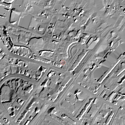 Shaded relief map of the ground around GL503DS, computed from Environment Agency LiDAR. The ground here sits at about 56 m above sea level and falls 21 m across the surrounding 800 m. Surface water reaching this point runs off ground lying to the south-west, 13.9 m higher.