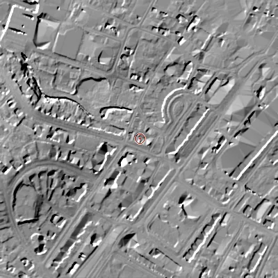 Shaded relief map of the ground around GL503DT, computed from Environment Agency LiDAR. The ground here sits at about 56 m above sea level and falls 23 m across the surrounding 800 m. Surface water reaching this point runs off ground lying to the east-south-east, 2.2 m higher.