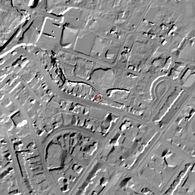 Shaded relief map of the ground around GL503DU, computed from Environment Agency LiDAR. The ground here sits at about 56 m above sea level and falls 25 m across the surrounding 800 m. Surface water reaching this point runs off ground lying to the south-west, 20.0 m higher.