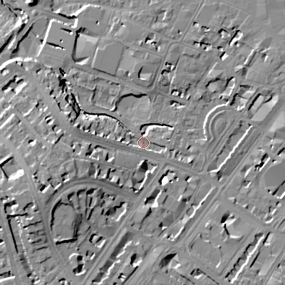 Shaded relief map of the ground around GL503DZ, computed from Environment Agency LiDAR. The ground here sits at about 55 m above sea level and falls 24 m across the surrounding 800 m. Surface water reaching this point runs off ground lying to the west-south-west, 20.0 m higher.
