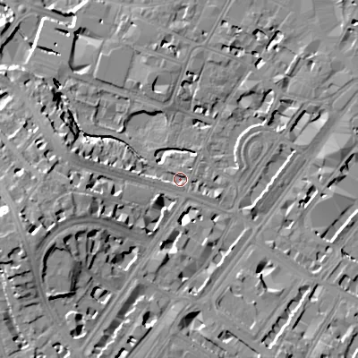 Shaded relief map of the ground around GL503ET, computed from Environment Agency LiDAR. The ground here sits at about 55 m above sea level and falls 24 m across the surrounding 800 m. Surface water reaching this point runs off ground lying to the west-south-west, 18.3 m higher.