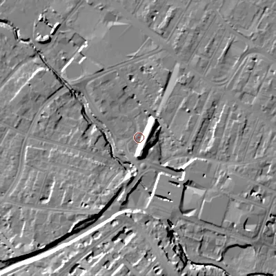 Shaded relief map of the ground around GL503NA, computed from Environment Agency LiDAR. The ground here sits at about 51 m above sea level and falls 21 m across the surrounding 800 m. Surface water reaching this point runs off ground lying to the north-east, 7.0 m higher.