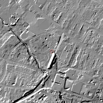 Shaded relief map of the ground around GL503NH, computed from Environment Agency LiDAR. The ground here sits at about 52 m above sea level and falls 17 m across the surrounding 800 m. Surface water reaching this point runs off ground lying to the south-east, 7.5 m higher.